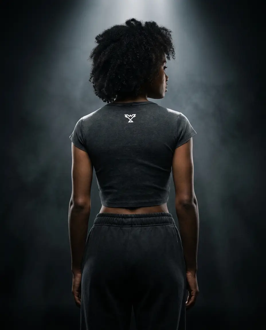 Winnergy black cropped tee, back view