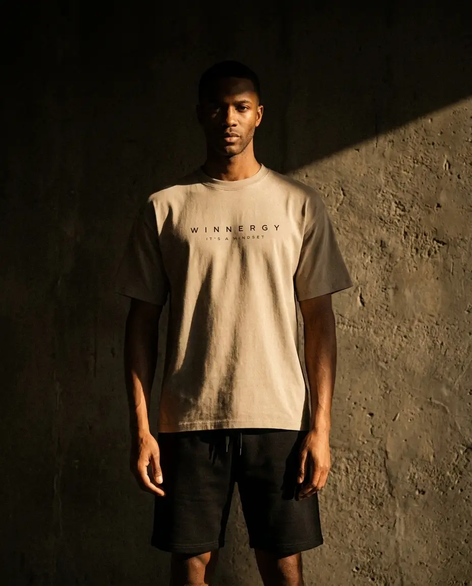 Model wearing the Winnergy bone tee