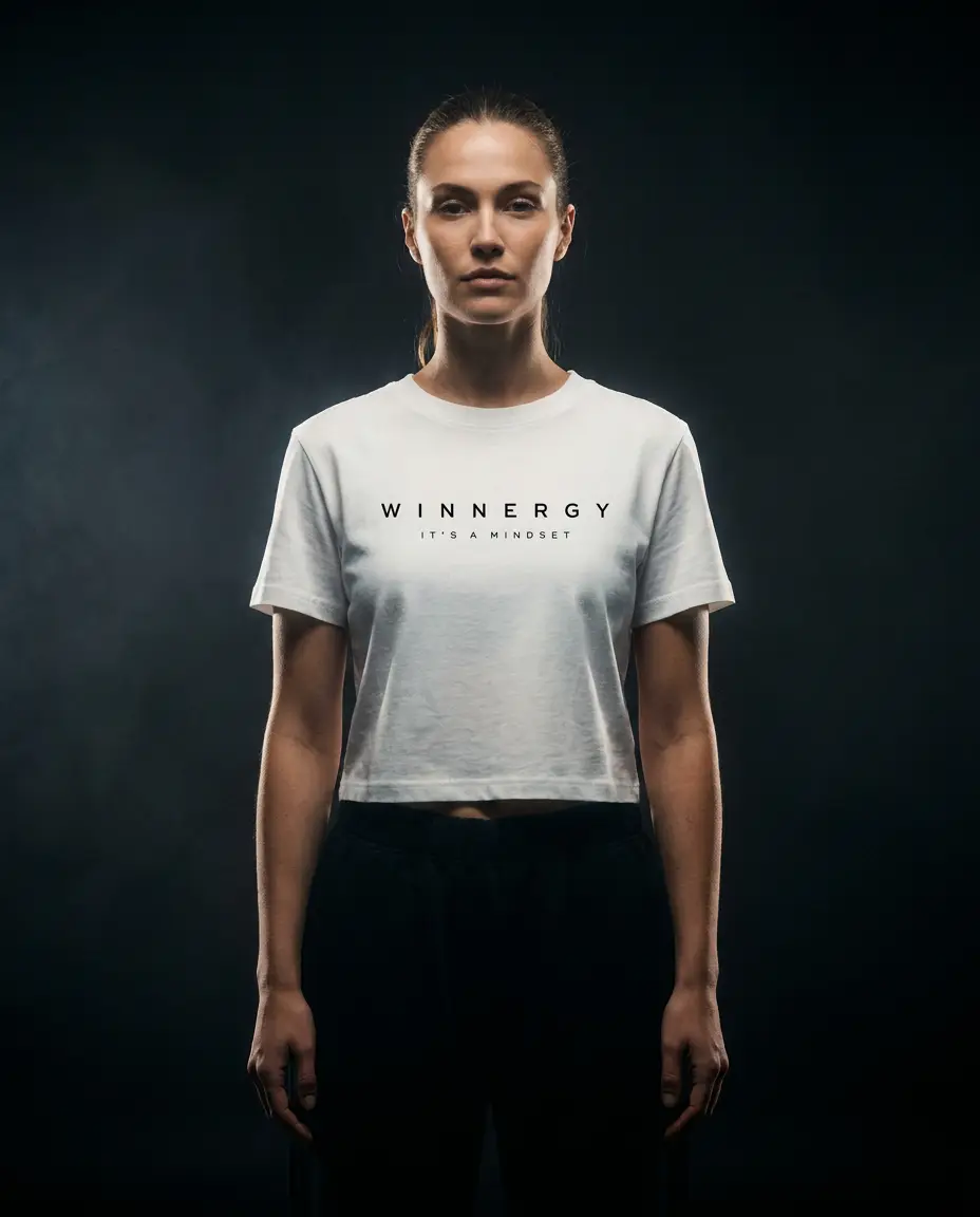 Model wearing the Winnergy white cropped tee
